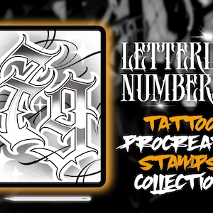 May include: A digital illustration of a stylized number "78" in a bold, black font. The image is displayed on a tablet screen with the text "Lettering Numbers Tattoo Procreate Stamps Collection" above it.
