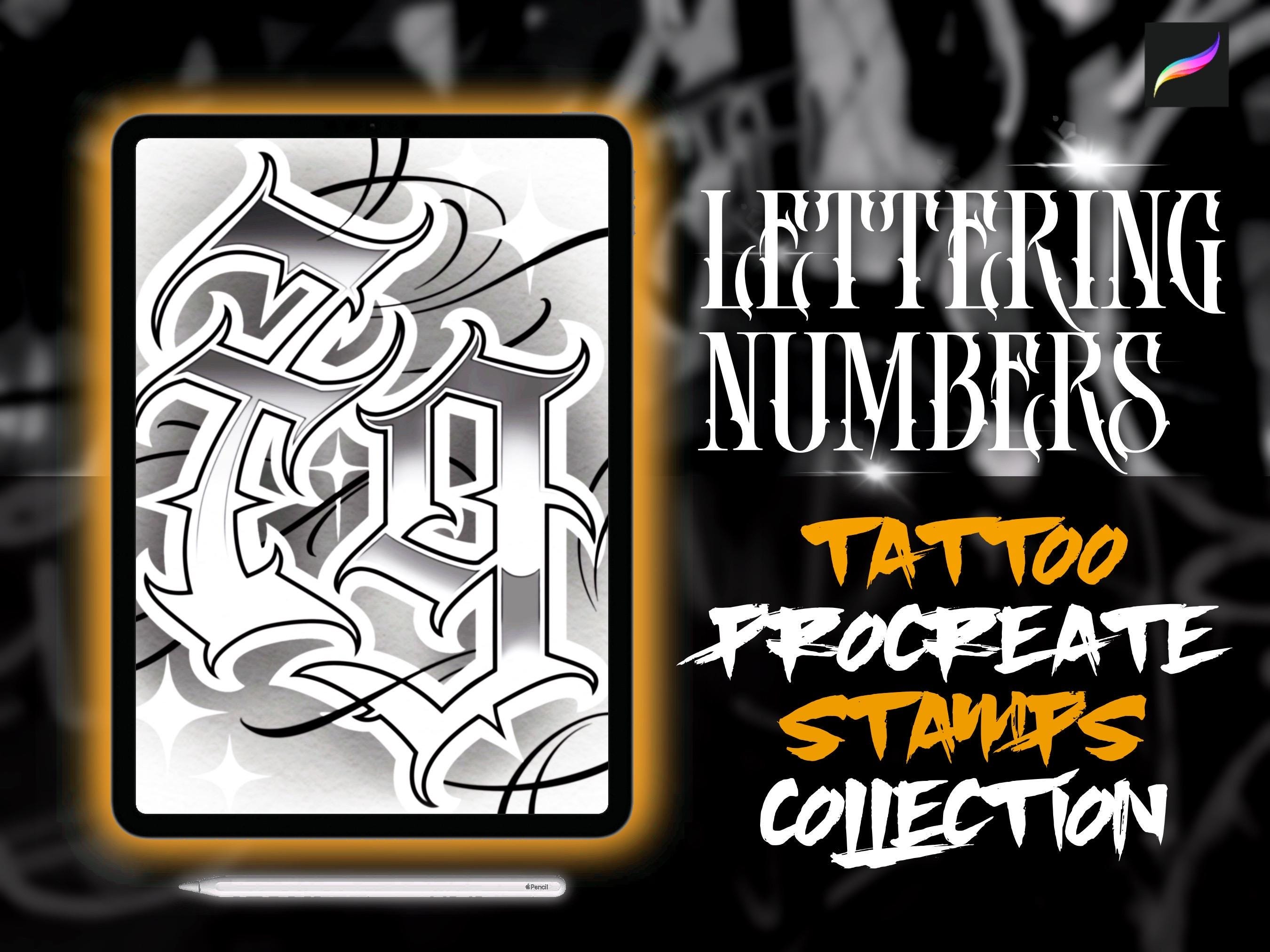 Procreate Números Tattoo 2025 – Pinceles de lettering gótico chicano con estilos contorno y sombreado