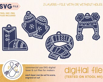 Winter Clothing Doodle Christmas Ornaments SVG | Commercial use laser & cut ready svg file | DXF, PNG | Perfect for xTool, Glowforge, Cricut