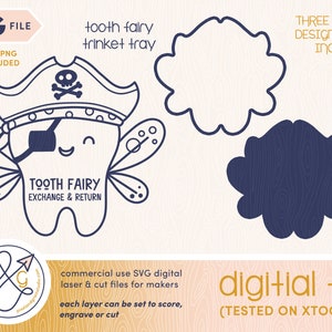 Tooth Fairy Pirate Tray Laser Bestand | Commercieel gebruik Laser &Cut Ready SVG-bestand | DXF, PNG | Werkt met xTool, Glowforge, Cricut, Silhouette