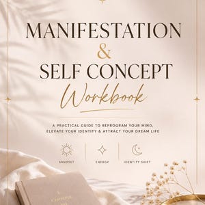 May include: A beige workbook titled "Manifestation & Self Concept Workbook" with gold lettering. The book is open to a page with the text "I Choose Me Everyday." The image includes a gold tray and floral accents, with text that reads "Manifest Your Dreams Become Her."