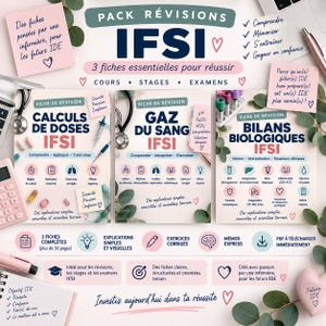 Peut inclure: Un pack de révision pour étudiants en soins infirmiers comprenant trois fiches intitulées IFSI, Calculs de Doses, Gaz du Sang et Bilans Biologiques. Les documents présentent des icônes médicales, du texte et des listes en rose, bleu et blanc.