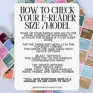 Puede incluir: Una gu&iacute;a blanca con texto negro que explica c&oacute;mo comprobar el tama&ntilde;o y el modelo de un lector electr&oacute;nico. La gu&iacute;a est&aacute; rodeada de pegatinas "Mood Reader" de colores en tonos rosa, verde y marr&oacute;n.