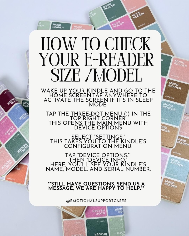 Puede incluir: Una gu&iacute;a blanca con texto negro que explica c&oacute;mo comprobar el tama&ntilde;o y el modelo de un lector electr&oacute;nico. La gu&iacute;a est&aacute; rodeada de pegatinas "Mood Reader" de colores en tonos rosa, verde y marr&oacute;n.