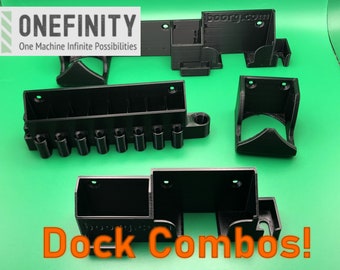 May include: A set of black 3D printed wall mounts for various devices. The mounts are designed to be modular and can be combined in different ways. The text "Dock Combos!" is printed in orange on the bottom of the image.
