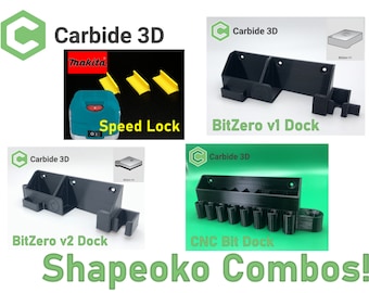 May include: A collection of Carbide 3D products, including a Makita Speed Lock, BitZero v1 Dock, BitZero v2 Dock, and CNC Bit Dock. The image features a green and white logo and the text "Shapeoko Combos!"