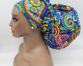 Adjustable Ankara Scrub Cap, Satin Lined Jumbo Surgical Hat. 2XL for Locks and Braids