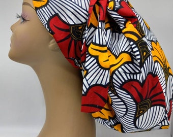 Adjustable 2XL Ankara Scrub Cap, Satin Lined, Braids & Locks