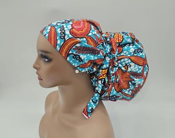 Adjustable Ankara Scrub Cap: Satin Lined Jumbo Surgical Hat