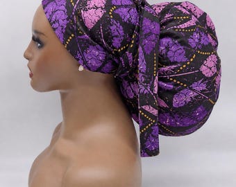 Adjustable Satin Lined Jumbo Ankara Scrub Cap, Braids & Locks. 2XL