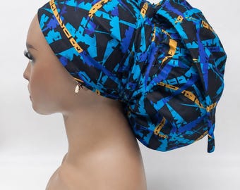 Adjustable Satin Lined Jumbo Ankara Scrub Cap, Braids & Locks. 2XL