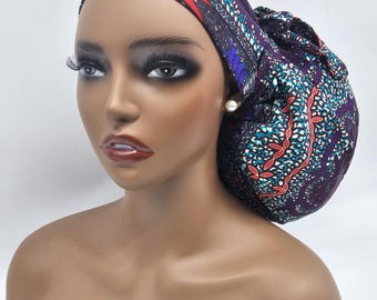 Adjustable Satin Lined Jumbo Scrub Cap, Ankara Print, Locks & Braids. 2XL.