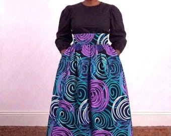 African Print Maxi Skirt with Pockets. Ankara High Waisted Long Skirt. Purple Teal African Clothing. Statement Prom Skirt, Gift for Her