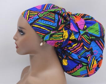 Jumbo Ankara Scrub Cap, Satin Lined, Adjustable for Braids & Locks. 2XL JUMBO.