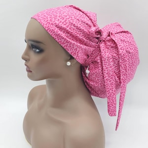 Adjustable  Satin Lined super size Scrub Cap/Hat for locks, braids and bulky hair. Pink cheeta Srup Cap. Jumbo Scrup Hat, Surgical Cap.