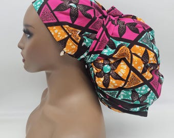 Adjustable Ankara Scrub Cap: Satin Lined. 2XL Jumbo Surgical Hat