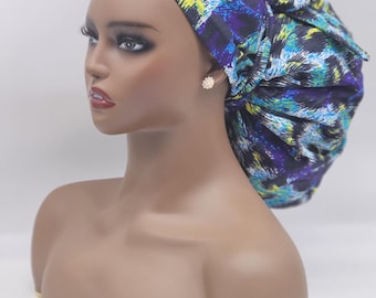 Adjustable 2XL Ankara Scrub Cap, Satin Lined, Braids & Locks