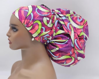 Adjustable Satin Lined Jumbo Ankara Scrub Cap, Braids & Locks. 2XL
