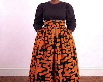 African Print Maxi Skirt with Pockets • High Waisted Ankara Floor Length Skirt • Vibrant Orange and Black Geometric Pattern Long Skirt •