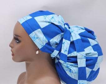 Adjustable Satin Lined Jumbo Ankara Scrub Cap, Braids & Locks. 2XL