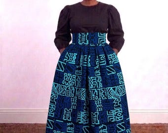 African Print Maxi Skirt with Pockets, High Waisted Ankara Skirt, Blue Geometric Long Skirt, Afrocentric Women Clothing, Tribal Maxi Skirt.