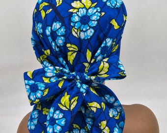 Adjustable Ankara Ponytail Scrub Cap, Satin Lined Medical Hat