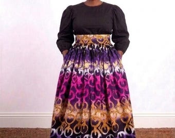 Vibrant African Wax Print Skirt With Pockets.  Purple Gold Maxi Skirt, High Waist Gathered Long Skirt, Statement Ankara Clothing, Gift fo