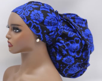 Adjustable Satin Lined Jumbo Ankara Scrub Cap, Braids & Locks. 2XL