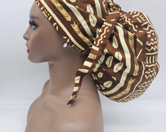 Jumbo Ankara Scrub Cap, Satin Lined, Adjustable for Braids, 2XL.