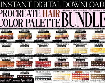 BIG BUNDLE 24 Procreate Hair Color Palette Collection Pack Set: Natural Tones Colour Swatches Hair Styles Face Portrait Art Instant DOWNLOAD