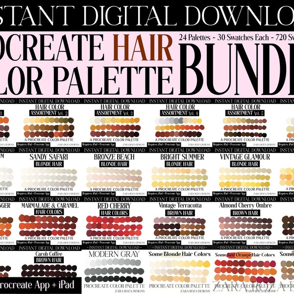 BIG BUNDLE 24 Procreate Hair Color Palette Collection Pack Set: Natural Tones Colour Swatches Hair Styles Face Portrait Art Instant DOWNLOAD