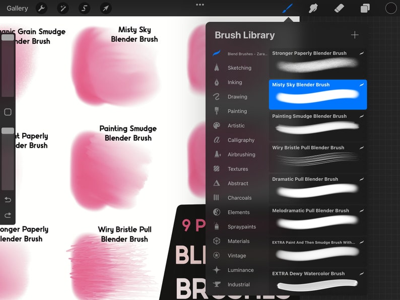May include: A screenshot of a digital art app showing a list of different blending brushes. The brush names are listed on the right side of the screen, and the brush strokes are shown in white on a black background. The brush names include "Stronger Paperly Blender Brush", "Misty Sky Blender Brush", "Painting Smudge Blender Brush", "Wiry Bristle Pull Blender Brush", "Dramatic Pull Blender Brush", "Melodramatic Pull Blender Brush", "EXTRA Paint And Then Smudge Brush With...", and "EXTRA Dewy Watercolor Brush".