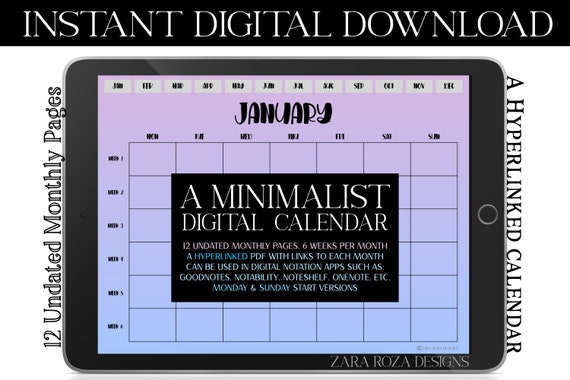 Purple Blue Sky Digital Undated 12 Monthly Calendar Planner Hyperlinked PDF  for Apps Like Goodnotes, iPad Pro, Notability, Noteshelf, Xodo - Etsy