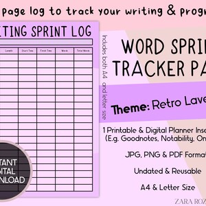 Registro de escritura púrpura retro - Escritor Autor Novela Nanowrimo Planificador de seguimiento de conteo de palabras DESCARGA DIGITAL 1 página, pdf png jpg, A4 y tamaño carta
