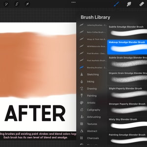 May include: A screenshot of a digital art app showing a list of blending brushes. The brushes are named "Subtle Smudge Blender Brush", "Makeup Smudge Blender Brush", "Subtle Grain Smudge Blender Brush", "Organic Grain Smudge Blender Brush", "Slight Paperly Blender Brush", "Stronger Paperly Blender Brush", "Misty Sky Blender Brush", and "Painting Smudge Blender Brush".