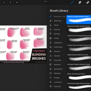 May include: A screenshot of a digital art app showing a library of 9 Procreate blending brushes. The brushes are named and categorized by their blending style, such as Subtle Smudge Blender Brush, Makeup Smudge Blender Brush, and Misty Sky Blender Brush.