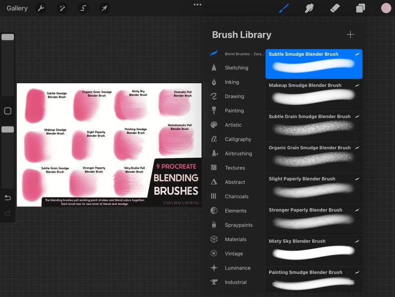 May include: A screenshot of a digital art app showing a library of 9 Procreate blending brushes. The brushes are named and categorized by their blending style, such as Subtle Smudge Blender Brush, Makeup Smudge Blender Brush, and Misty Sky Blender Brush.