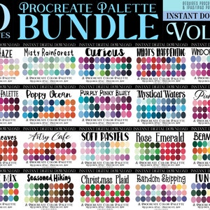 May include: A digital download bundle of 20 Procreate color palettes, featuring a variety of color schemes and themes, including "Sweet Haze", "Misty Rainforest", "Curious", "What's Happening", "Window Shopping", "Once Upon a Palette", "Poppy Ocean", "Purply Pinky Bluey", "Mystical Waters", "Pink Parasol", "Autumn Leaves", "Artsy Cafe", "Soft Pastels", "Rose Emerald", "Beam Bright", "Random Mix", "Seasoned Hiking", "Christmas Plaid", "Random Skipping", and "Lunchtime".