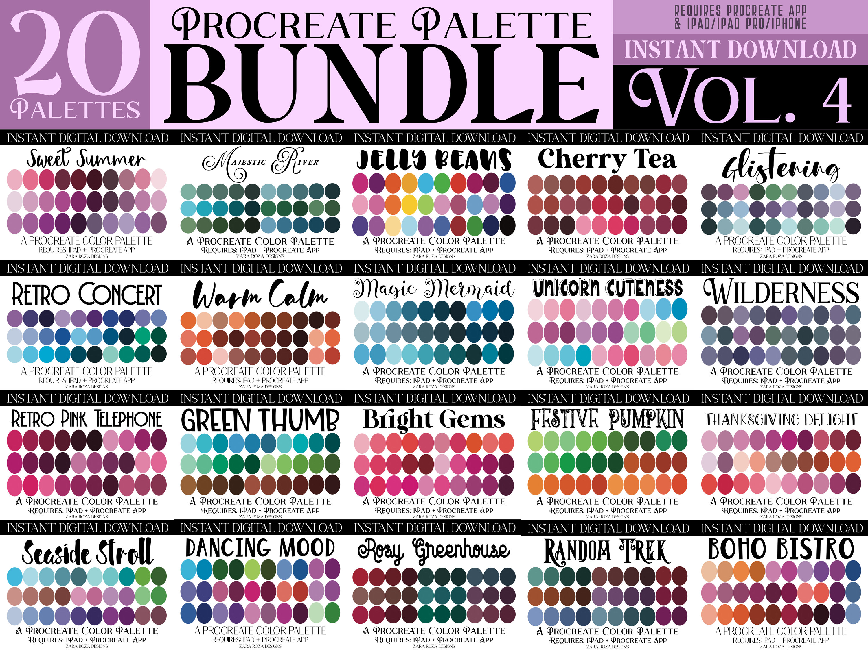 Pack de 20 paletas de color para Procreate Vol. 4 – Muestras retro vintage para arte en iPad