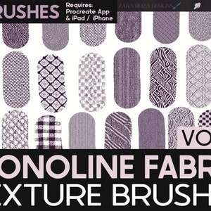 May include: A set of 30 digital brushes for the Procreate app, featuring monoline fabric textures. The brushes are designed for use on an iPad or iPhone. The image shows a variety of textures, including knit, plaid, and snakeskin.