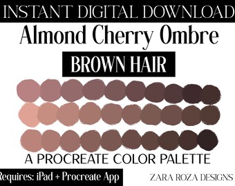 Procreate Hair Swatches - Cherry Ombré Brown Hair Colors - Procreate Color Palette: Character Face Portrait Pastel Natural Aesthetic Tones