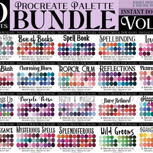 May include: A digital download bundle of 20 Procreate color palettes, featuring a variety of color schemes and themes, such as "Scenic Bike Ride", "Box of Books", "Spell Book", "SPELLBINDING", "Love Potion", "Majestic Blush", "Charming Blues", "TROPICAL CALM", "REFLECTIONS", "Picturesque Vacation", "Mixing Things Up", "Purple Poise", "Pearly & mystical", "Rare Refined", "Happy Dance", "Classic Elegance", "Mysterious Spells", "Splendiferous", "Wild Greens", and "Orange Lemonade".