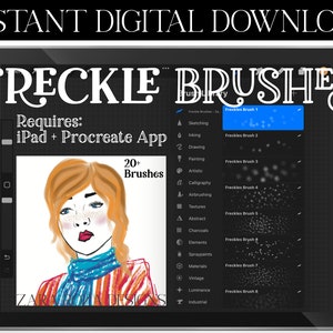 May include: A digital illustration of a woman with freckles on a tablet screen. The screen shows a set of 20+ Procreate brushes for adding freckles to digital illustrations. The text "FRECKLE BRUSHES" is displayed at the top of the screen. The text "Requires: iPad + Procreate App" is displayed on the left side of the screen.