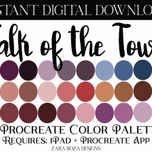 May include: A digital color palette for Procreate, titled "Talk of the Town", featuring 24 color swatches in shades of purple, pink, brown, and blue.