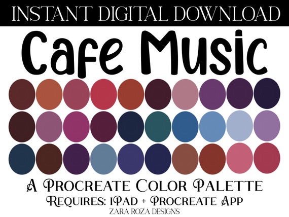 Cafe Music - Procreate Color Palette - 30 Calm Swatches - DIGITAL DOWNLOAD - Requires Procreate App + Apple iPad / iPad Pro / iPhone