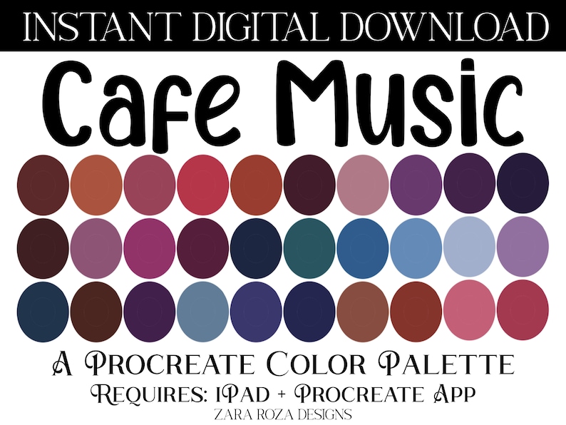 May include: A digital download of a Procreate color palette with 30 color swatches. The palette is named "Cafe Music" and features a variety of warm and cool colors, including browns, purples, blues, and reds.