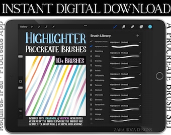 Procreate Highlighter Marker Brushes - 13 Highlighting Nib Lettering Brushes, UPDATE - 3 Versions: Horizontal, Vertical, Rotational