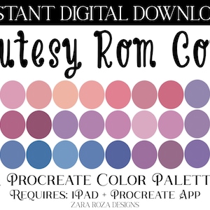 May include: A digital color palette for Procreate, featuring 18 shades of pink, purple, and blue. The palette is titled "Cutesy Rom Com" and requires an iPad and the Procreate app.