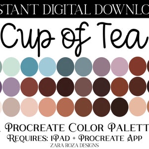 May include: A digital color palette for Procreate, featuring 18 color swatches in shades of brown, purple, blue, and beige. The palette is titled "Cup of Tea" and requires an iPad and the Procreate app.
