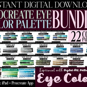 May include: Digital download of 22 Procreate eye color palettes. Each palette includes a variety of colors for digital art. Palettes include Mystic Lake, Stormy Gray, Pastel Gray, Cool River, Sky Blue, and more. Requires iPad and Procreate App.